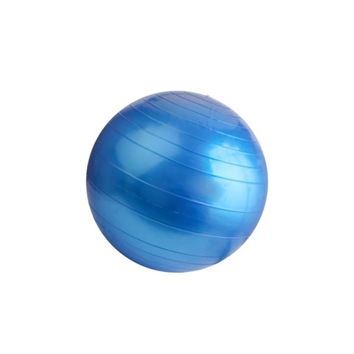A blue PVC yoga ball with a smooth, shiny surface and horizontal grooves. It has a logo visible.