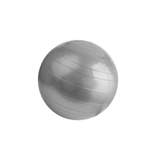 A grey PVC yoga ball, round and smooth, featuring horizontal grooves, with a minimalistic design.