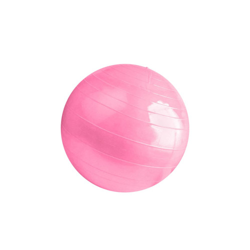 A pink PVC yoga ball with a smooth surface, featuring subtle horizontal lines and a logo.