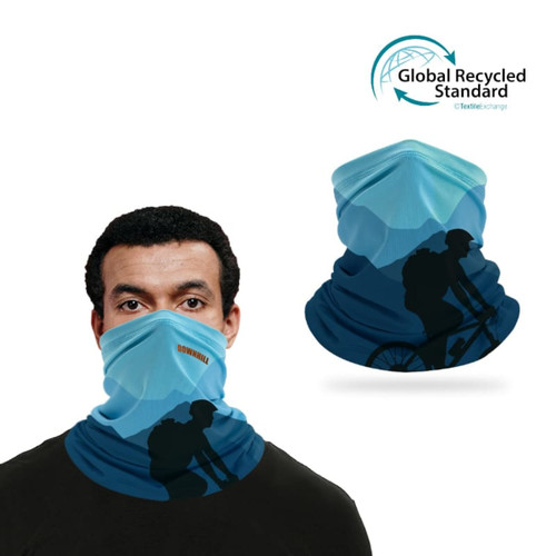A RPET neck gaiter featuring a blue design with a silhouette of a cyclist and a logo.