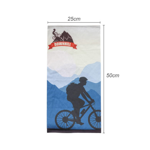 A RPET neck gaiter featuring a silhouette of a cyclist against a gradient blue and light background. Dimensions are 25cm by 50cm.