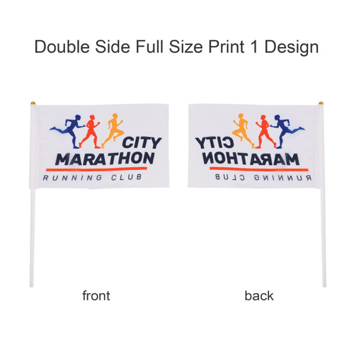 A rectangular cheering flag stick featuring a double-sided design in white, with colourful graphics and a logo.
