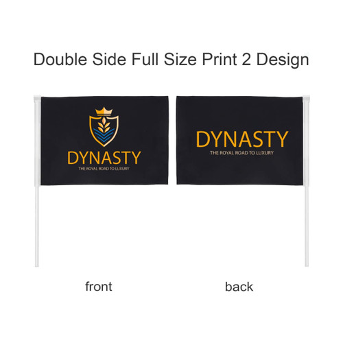 A rectangular cheering flag stick with a black background and yellow design, featuring a logo on one side.