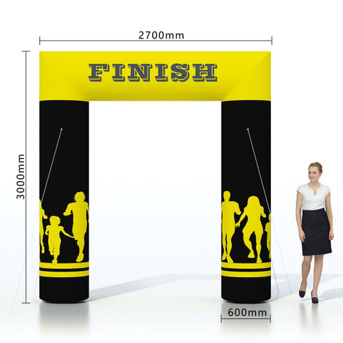 An inflatable event arch in black and yellow, featuring silhouettes of runners, with dimensions indicated.