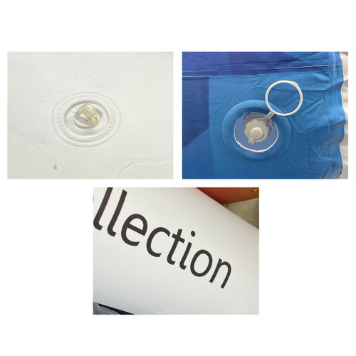 An inflatable event arch with a white and blue design, featuring valves for inflation and a logo present.