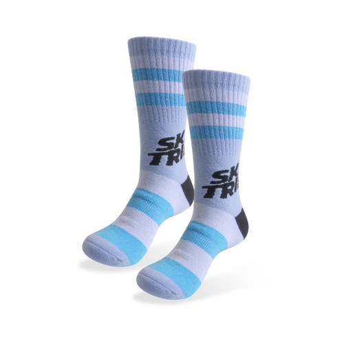 Merino wool socks in shades of blue and grey, featuring striped patterns and a logo. Suitable for casual wear.