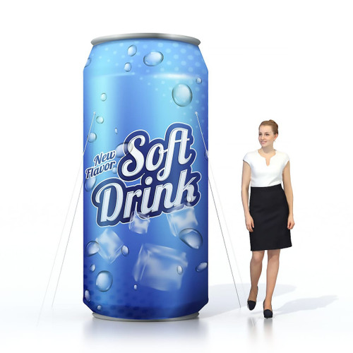 An inflatable can in blue featuring ice and a logo, alongside a woman in a black skirt and white blouse.