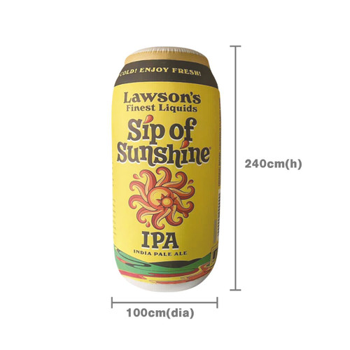 An inflatable can in yellow with decorative elements, featuring a brand logo and product name. Dimensions: 240cm height, 100cm diameter.