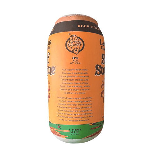 An inflatable can featuring bright orange and white designs, with branding and a logo.