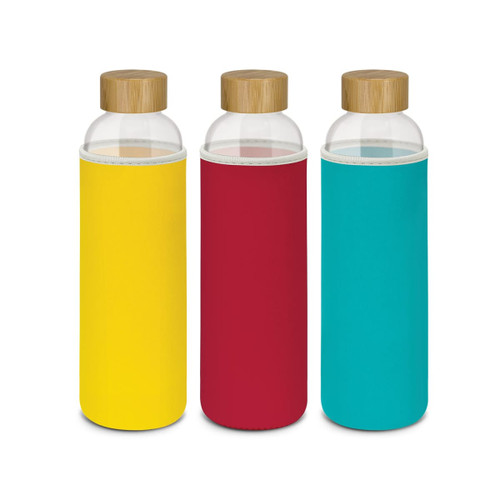 A drink bottle set featuring three glass bottles with bamboo lids and coloured neoprene sleeves in yellow, red, and teal.
