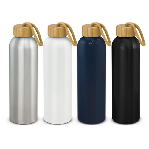 A drink bottle collection featuring aluminium bodies in silver, white, navy, and black, each with bamboo lids and a rope handle.