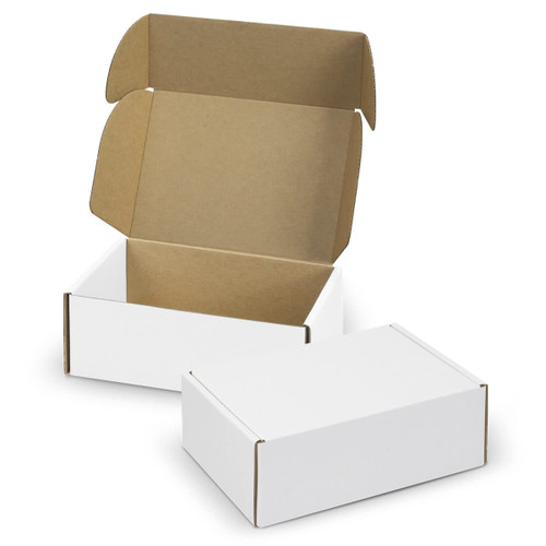 A white die cut box with a locking lid, featuring a plain brown interior.