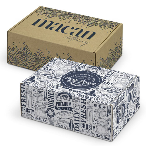 A cardboard die cut box with a locking lid, featuring a decorative design in brown and white. One box showcases a logo.