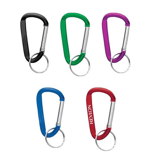 A set of five carabiners in black, green, purple, blue, and red, featuring metal keyring attachments.