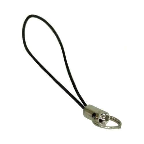 A mini lanyard with a black cord and a silver metal attachment. It includes a logo or branding.