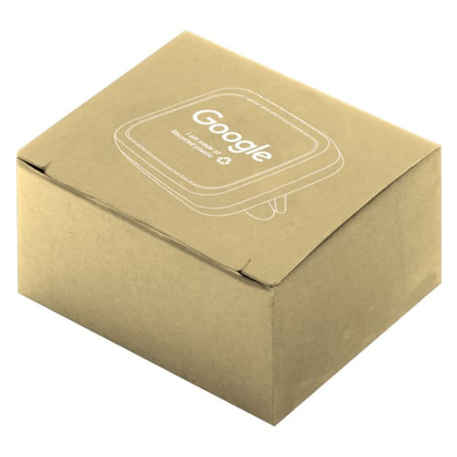 A rectangular cardboard box in light brown, featuring a logo on the front.