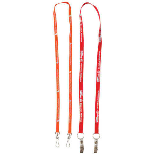 A bright orange and red dual attachment custom lanyard featuring clips at both ends and a logo.