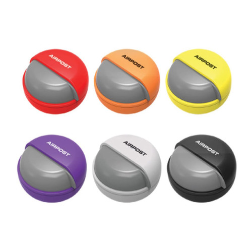 A set of six pill boxes in red, orange, yellow, purple, white, and black, each with a grey lid and a logo.