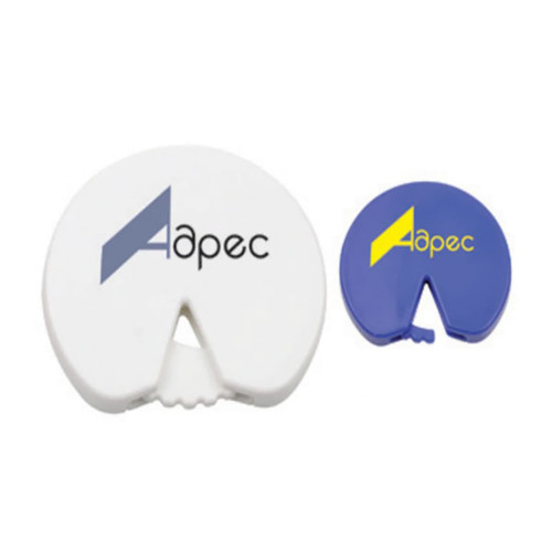 A white and blue bag clip, featuring a logo, in round and smaller versions.