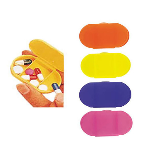 A pill box in four colours: orange, yellow, purple, and pink, with assorted pills visible inside.
