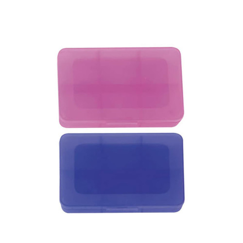 Two pill boxes, one pink and one blue, with a translucent design and a hinged lid. Each box features compartments inside.