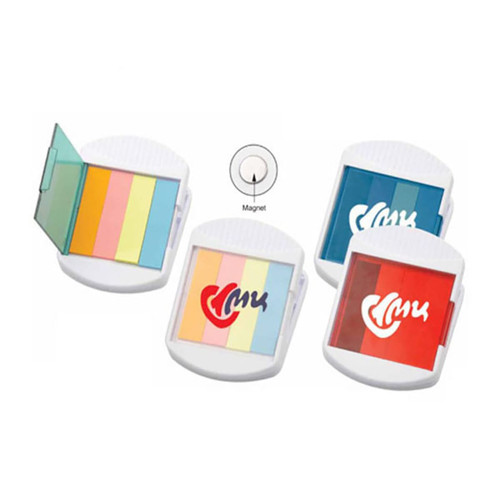 A set of four sticky note pads in pastel colours, each with a magnetic closure and branded logo.