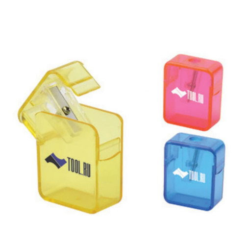 A pencil sharpener set featuring yellow, pink, and blue plastic sharpeners, each with a logo.