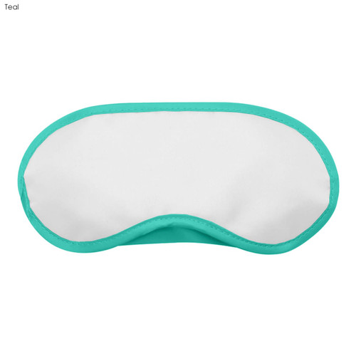A teal and white eye mask with a soft, curved design, featuring an enclosed branding logo.