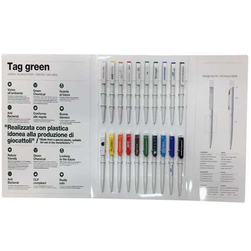 A pen packaging kit featuring multiple colourful pens arranged in a display with a product information panel.