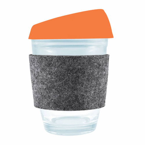 A reusable coffee cup featuring a transparent design, an orange silicone lid, and a grey RPET band for grip.