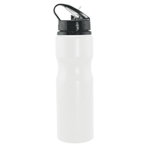 A drink bottle in white aluminium with a black cap and spout, featuring a logo.