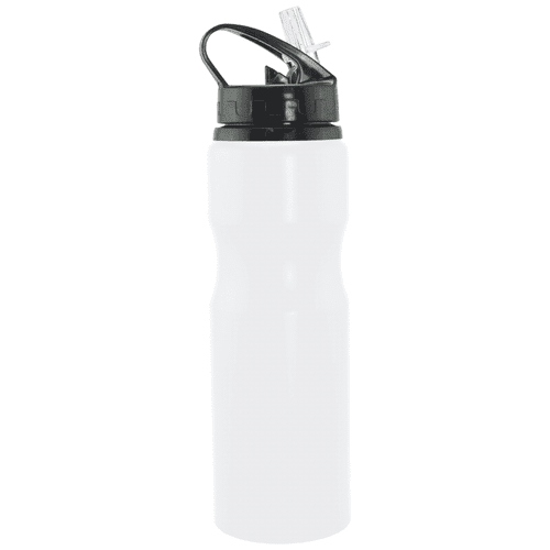 A drink bottle with a sleek white body and a black lid, featuring a spout and a logo.