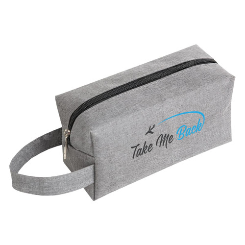 A grey cosmetic bag with a zip closure and a handle, featuring a logo on the front.