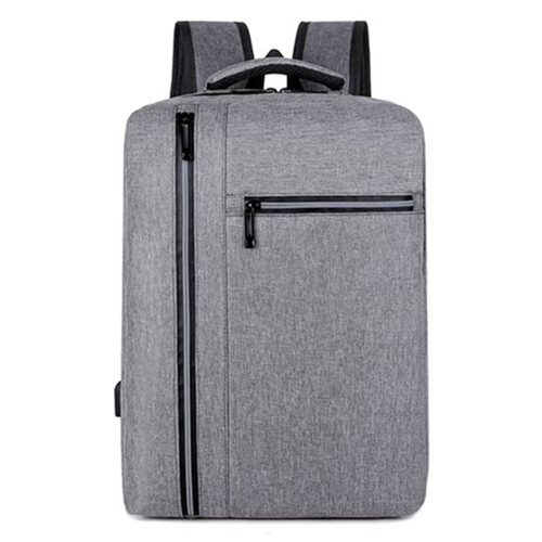 A grey laptop backpack with a main compartment and two front zippered pockets, featuring a handle and padded straps.