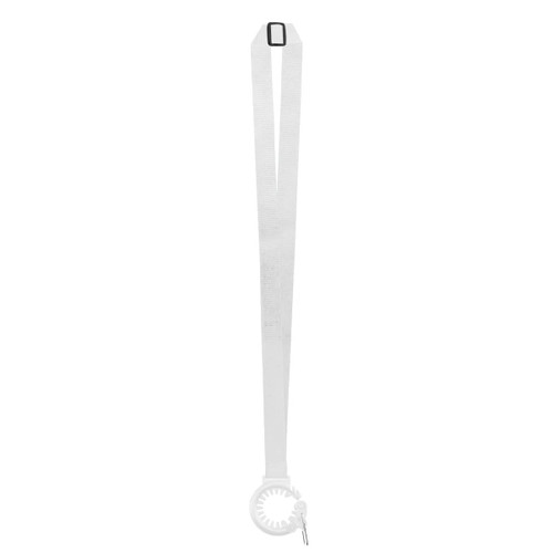 A drink bottle sling lanyard in white, featuring a circular attachment and a rectangular buckle.