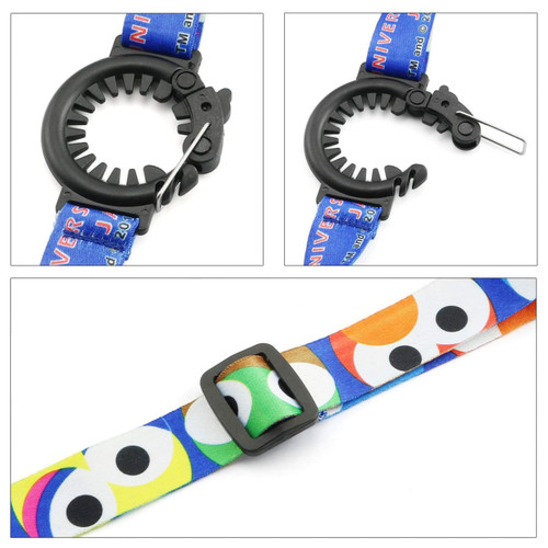 A drink bottle sling lanyard in blue and multicoloured designs, featuring a sturdy clip and adjustable strap.