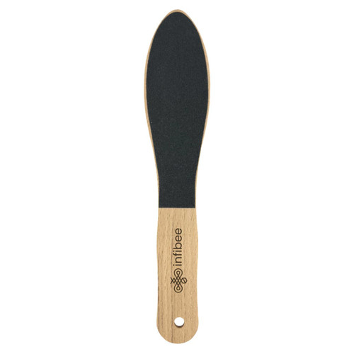 A wood foot file with a black sanding surface and a beige wooden handle, featuring a branding logo.