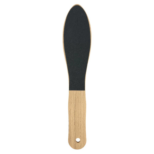 A wooden foot file featuring a black abrasive surface and a light wooden handle.