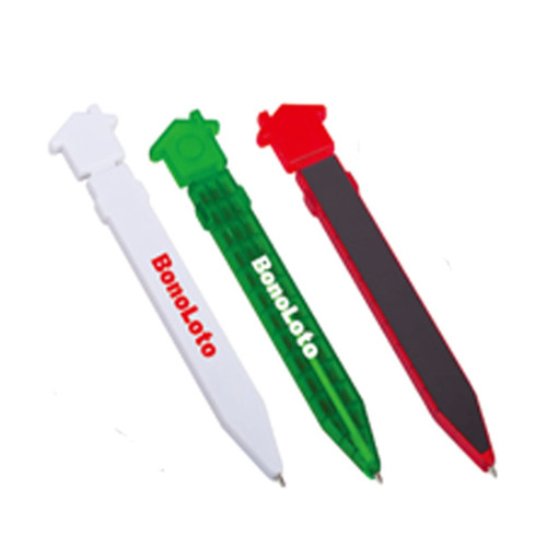 A set of three novelty pens in white, green, and red, featuring a house-shaped top. Each pen has a logo.