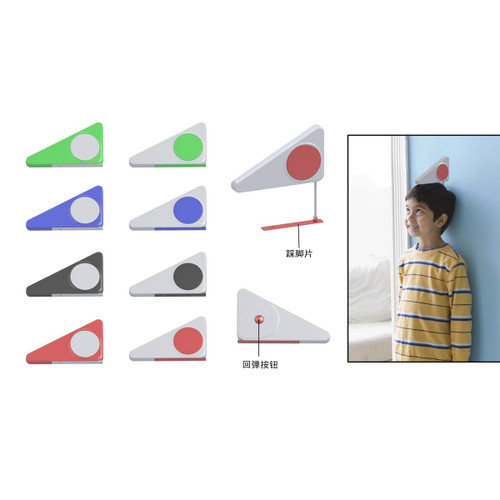 A set of colourful growth rulers in green, blue, red, grey, and black, with a white circular marker, and a kid beside one.
