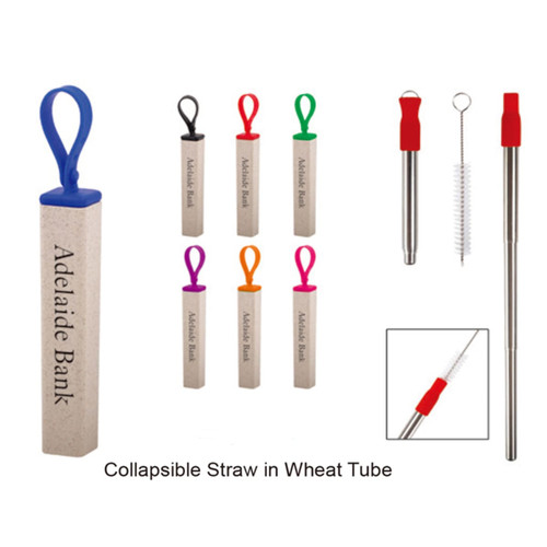 A collapsible straw set in a wheat tube, featuring colourful straws and a cleaning brush. Includes a logo.