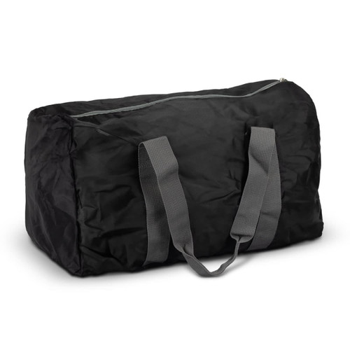A black foldable duffle bag with grey handles and a zippered top, featuring a logo.