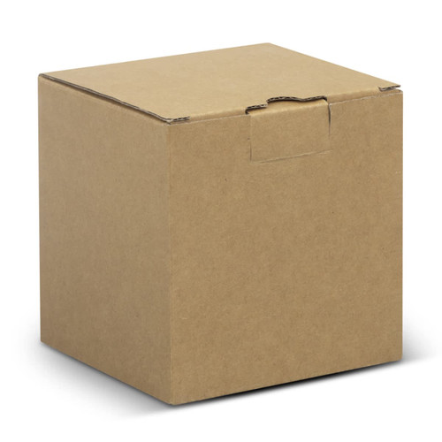 A large round storage canister in a plain cardboard box, featuring a simple, unmarked design.