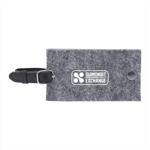 A grey recycled felt luggage tag with a black strap and a logo on the front.