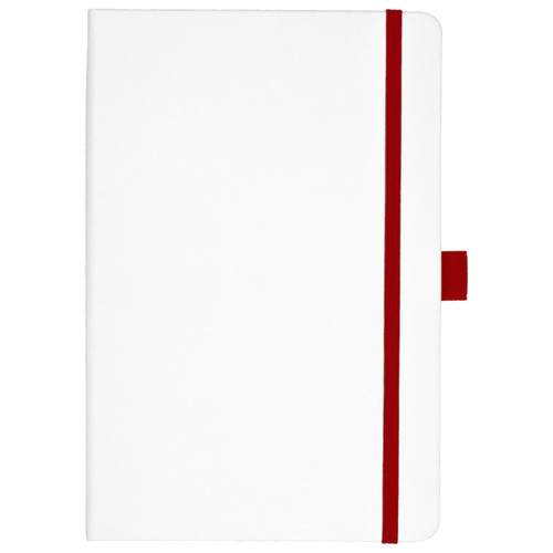 A white bound journal with red accents, featuring a coloured elastic band and a bookmark. It has a logo on the cover.