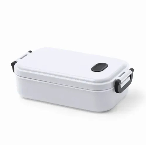 A lunch box in white with black handles and a secure closure. It features a minimalist design and has a branding logo.