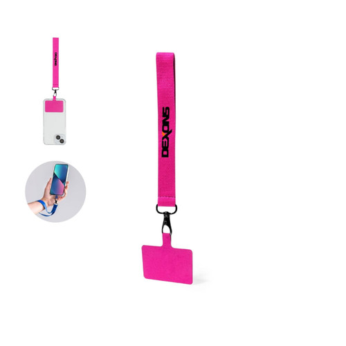 A bright pink phone holder with a strap, featuring a branding logo, designed for car use.