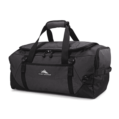 A black and grey duffel backpack with dual handles and a flap top, featuring a logo on the side.