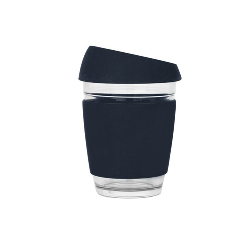 A drink bottle in dark navy with a transparent base and a tapered lid. Features a silicone grip and branding.