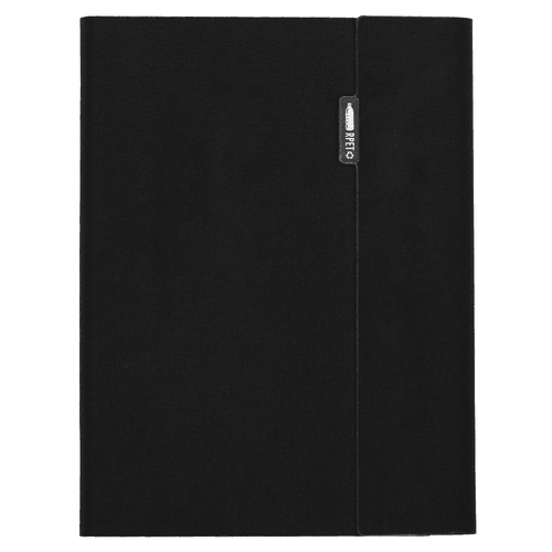A5 RPET folio notebook in black, featuring a sleek design and a branding logo on the cover.